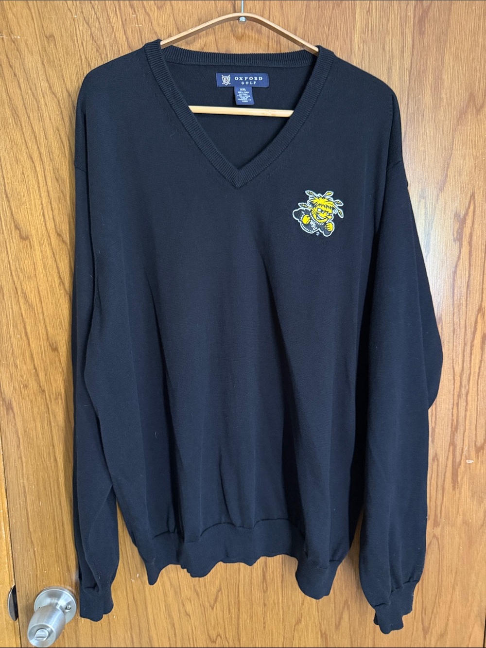Oxford Men's V-Neck Sweater - Black (Wichita State Wu Shock Patch)